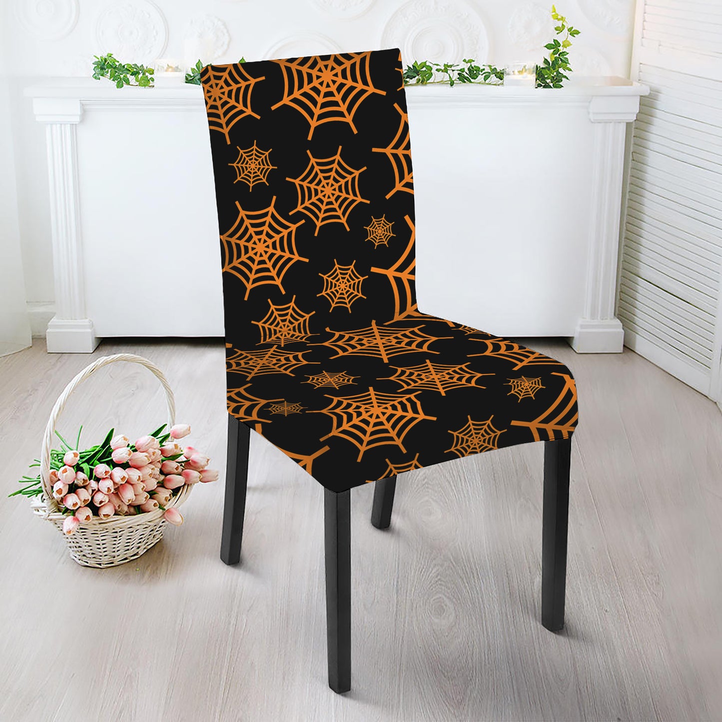 Black And Orange Spider Web Print Dining Chair Slipcover