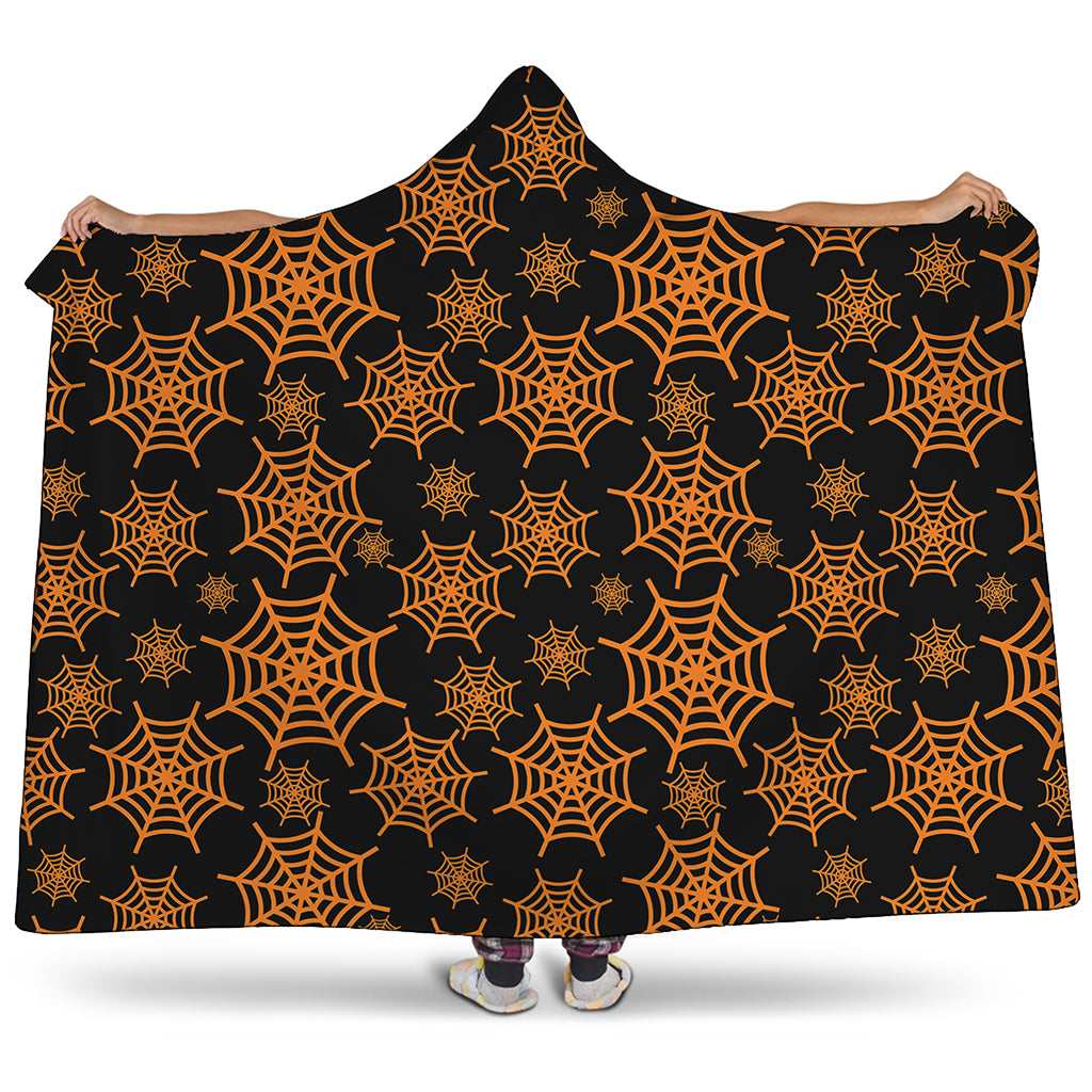 Black And Orange Spider Web Print Hooded Blanket