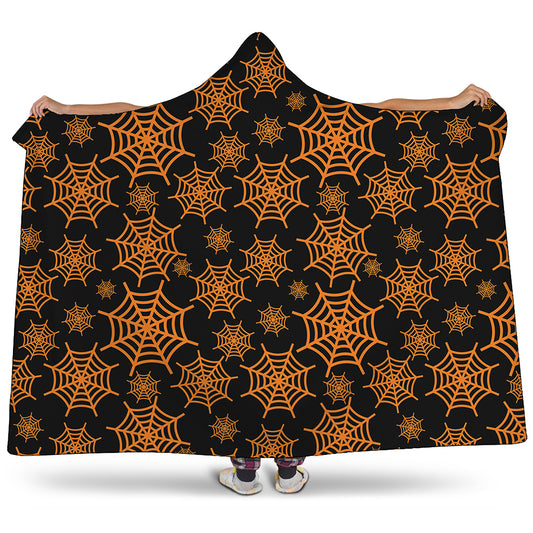 Black And Orange Spider Web Print Hooded Blanket
