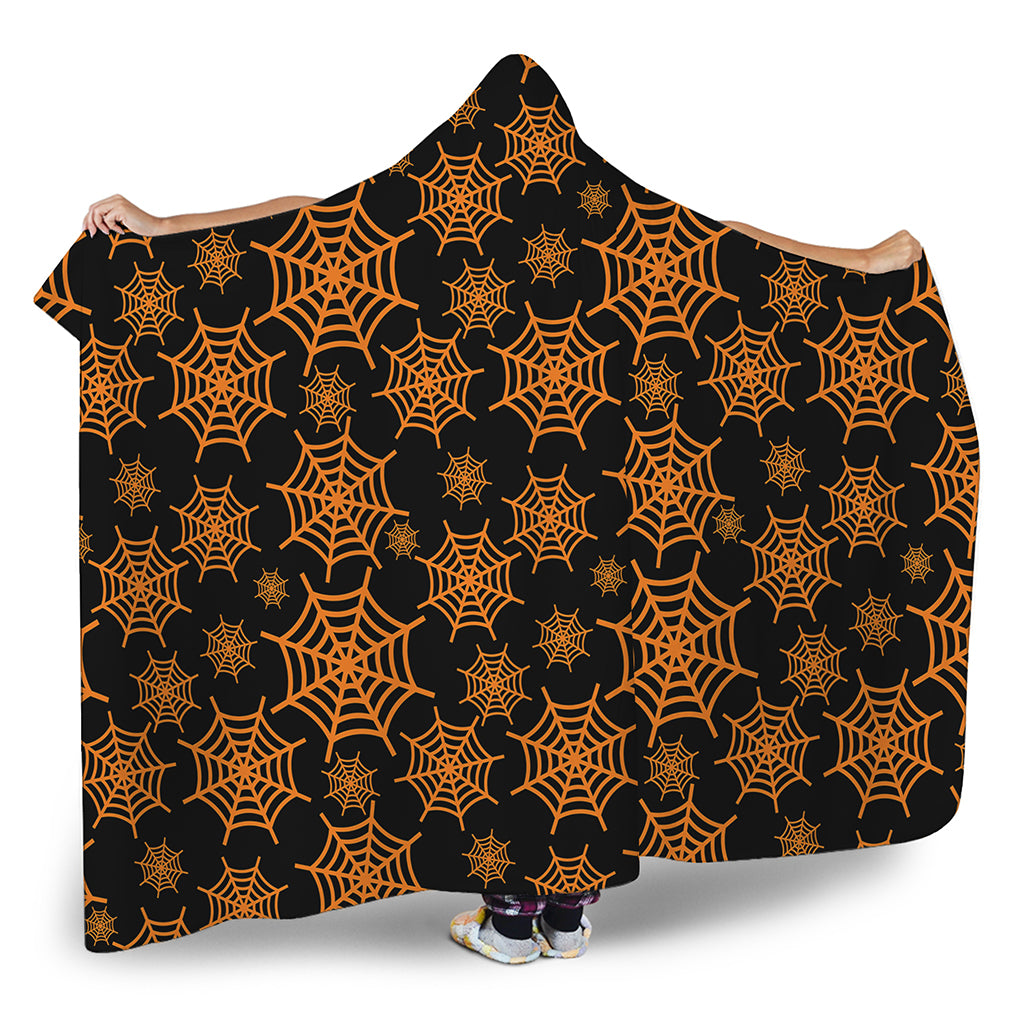 Black And Orange Spider Web Print Hooded Blanket