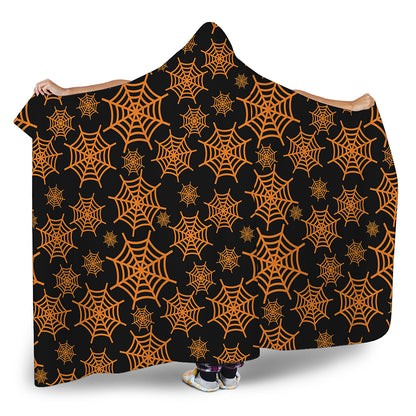 Black And Orange Spider Web Print Hooded Blanket