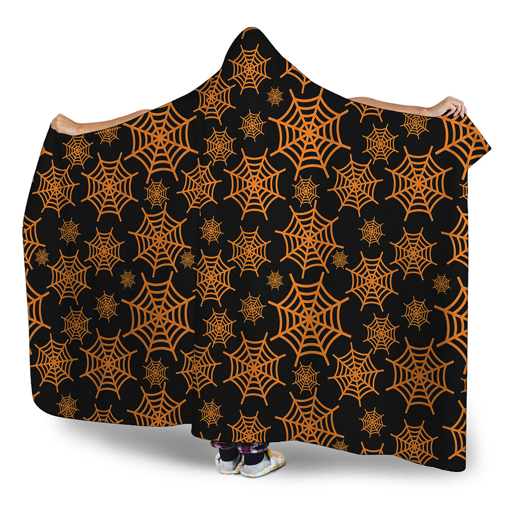 Black And Orange Spider Web Print Hooded Blanket