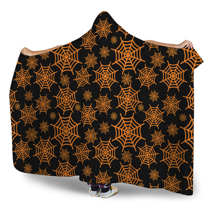 Black And Orange Spider Web Print Hooded Blanket