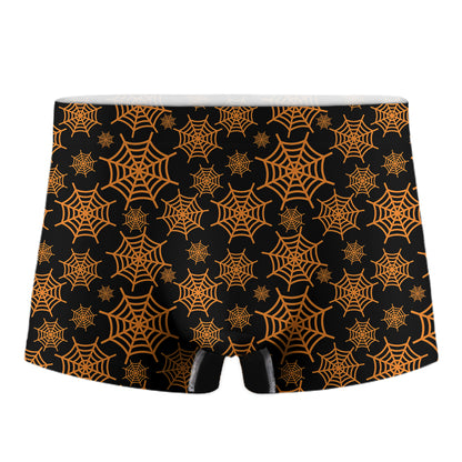 Black And Orange Spider Web Print Men's Boxer Briefs