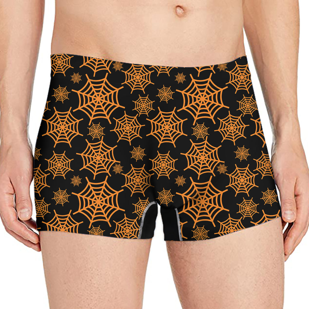 Black And Orange Spider Web Print Men's Boxer Briefs