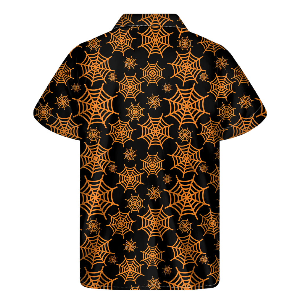 Black And Orange Spider Web Print Men's Short Sleeve Shirt