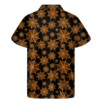 Black And Orange Spider Web Print Men's Short Sleeve Shirt