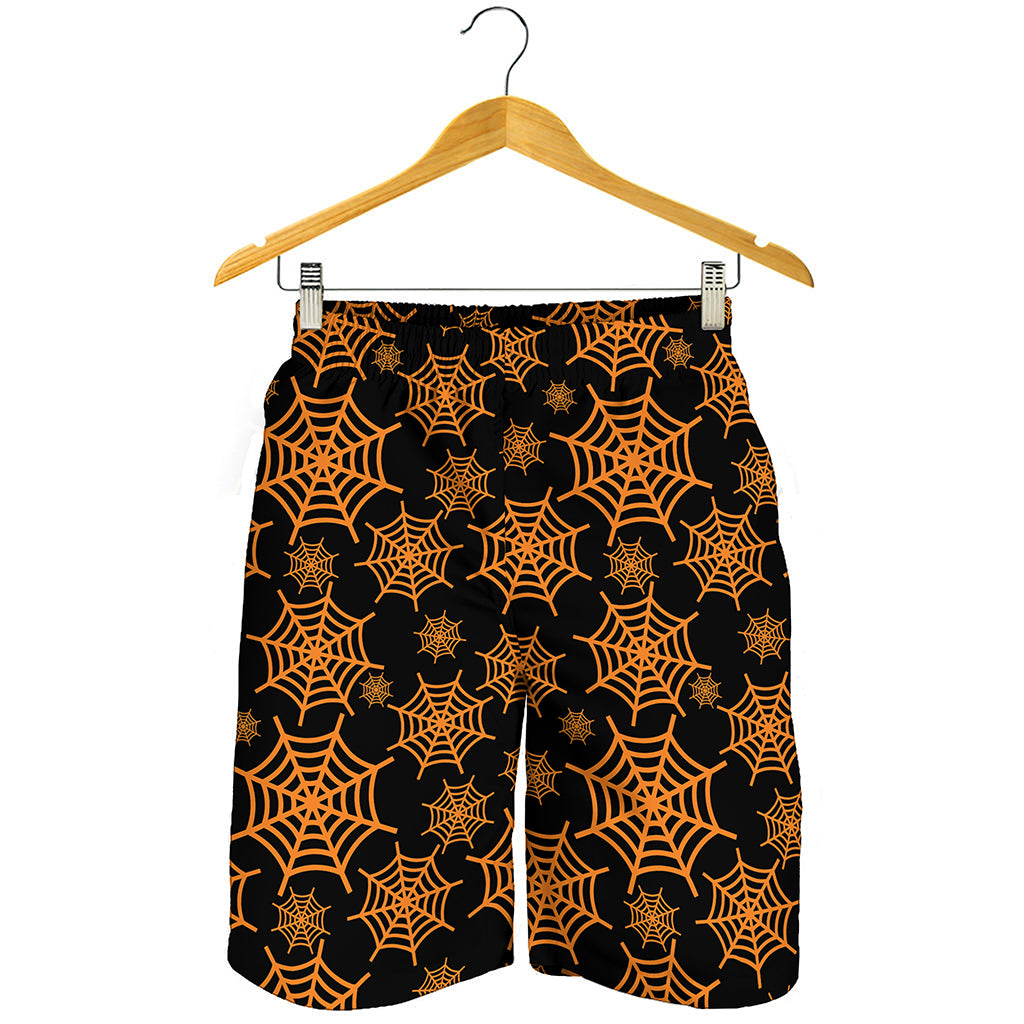 Black And Orange Spider Web Print Men's Shorts