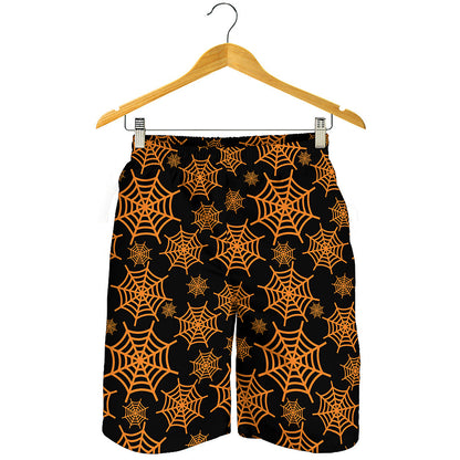 Black And Orange Spider Web Print Men's Shorts