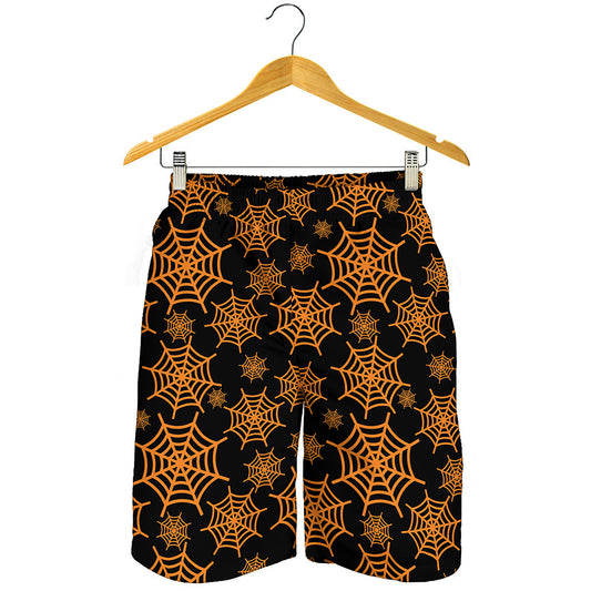 Black And Orange Spider Web Print Men's Shorts