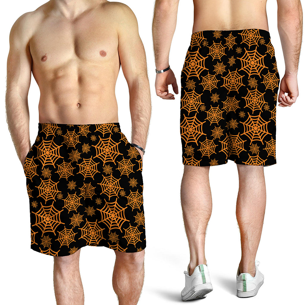 Black And Orange Spider Web Print Men's Shorts