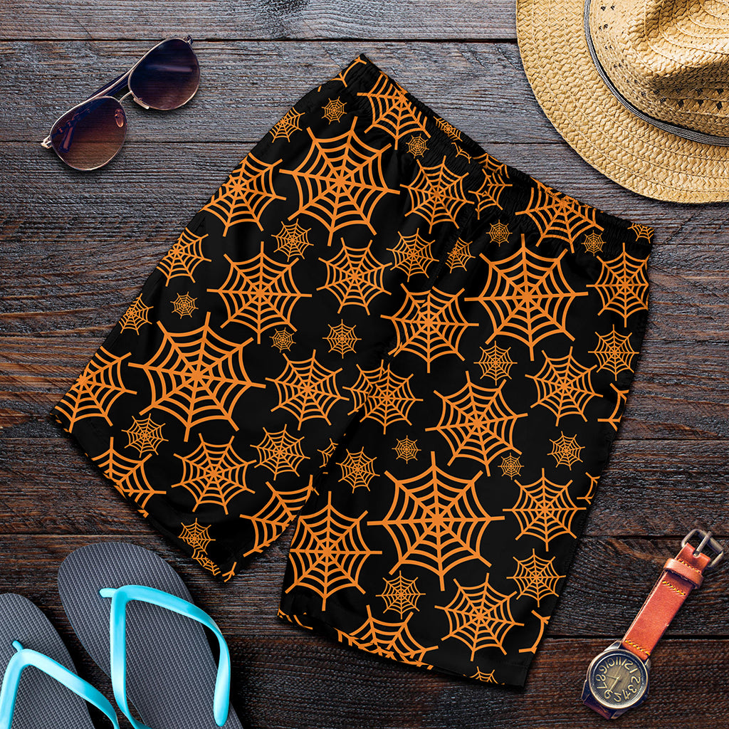 Black And Orange Spider Web Print Men's Shorts