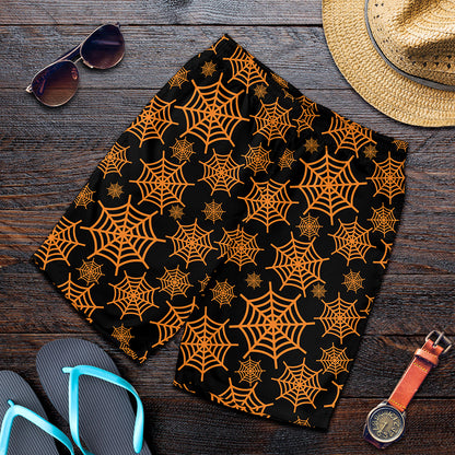 Black And Orange Spider Web Print Men's Shorts