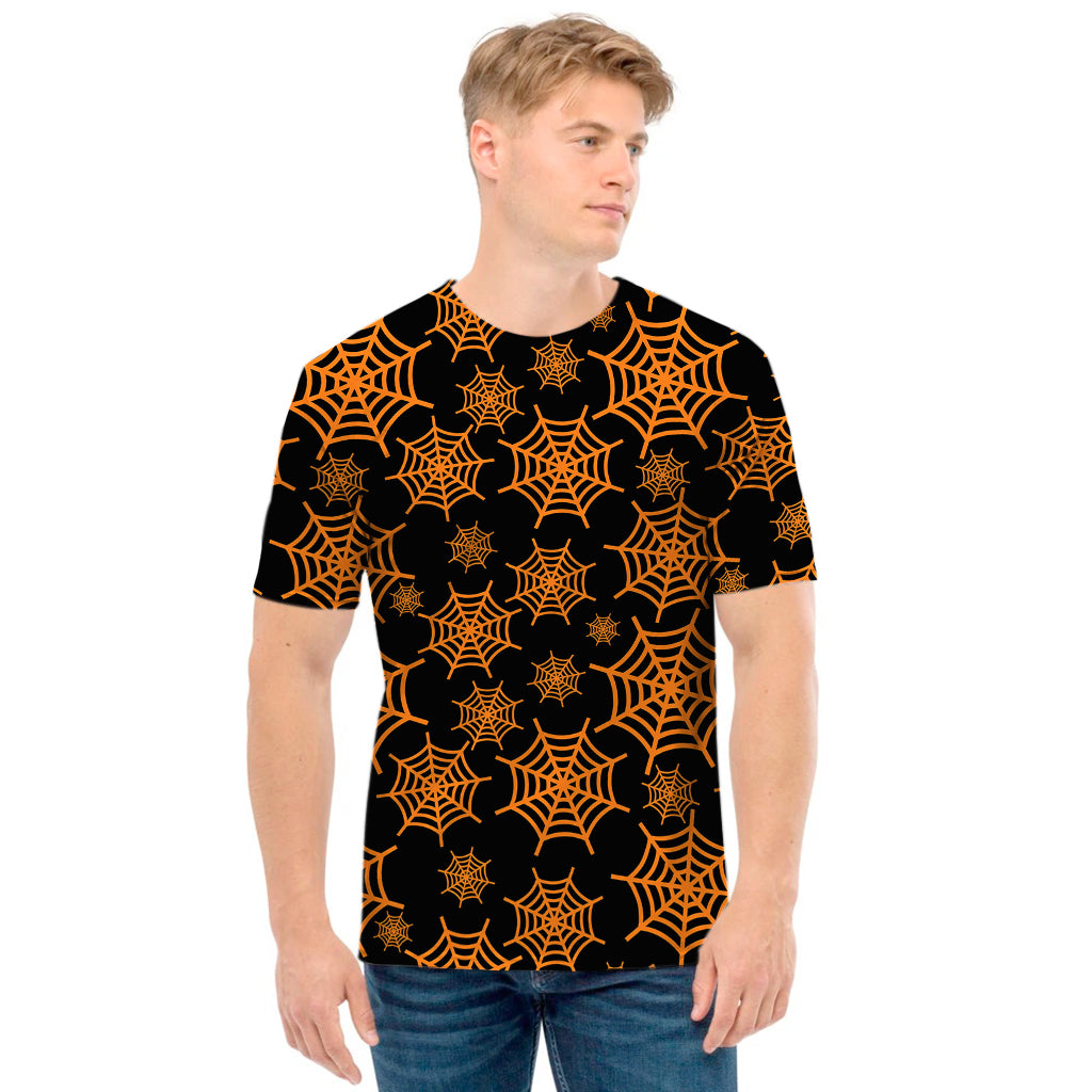 Black And Orange Spider Web Print Men's T-Shirt