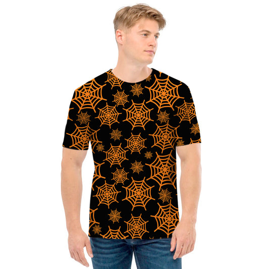 Black And Orange Spider Web Print Men's T-Shirt