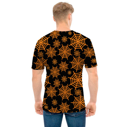 Black And Orange Spider Web Print Men's T-Shirt