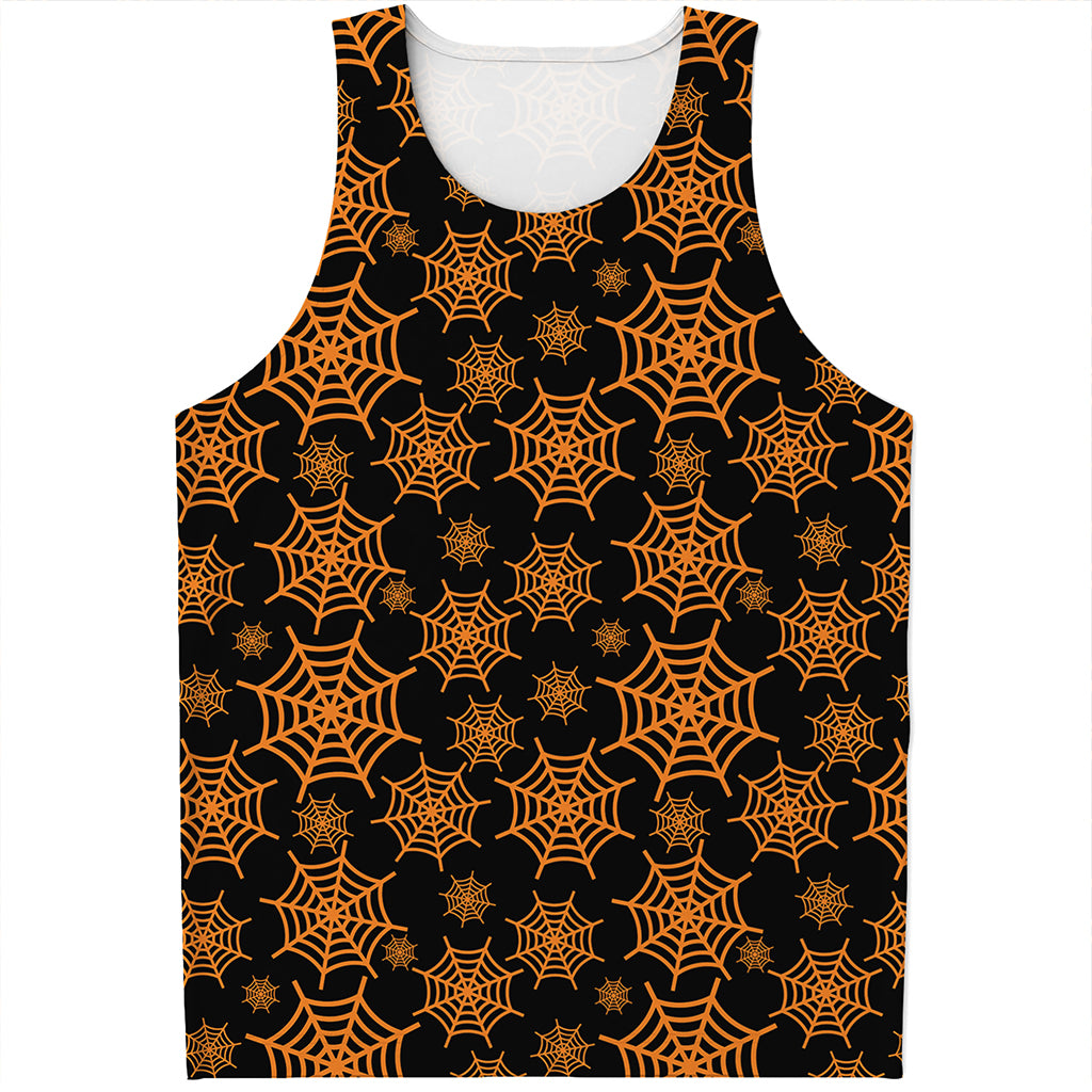 Black And Orange Spider Web Print Men's Tank Top