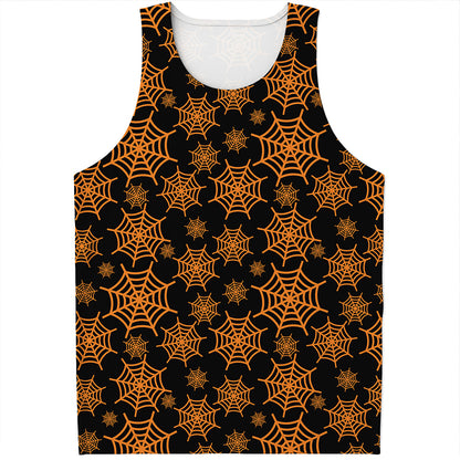 Black And Orange Spider Web Print Men's Tank Top