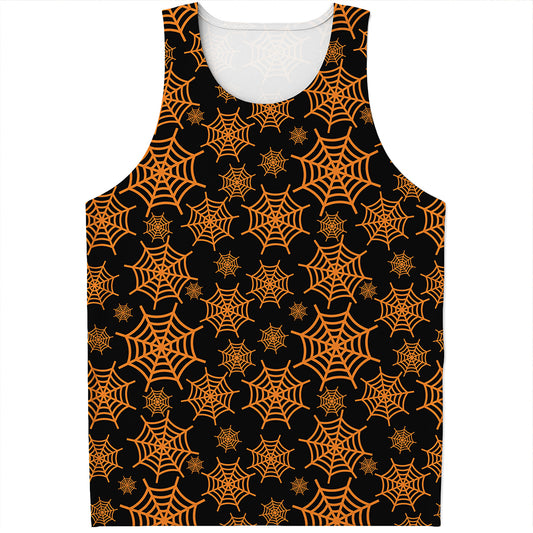 Black And Orange Spider Web Print Men's Tank Top