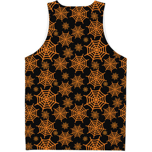 Black And Orange Spider Web Print Men's Tank Top