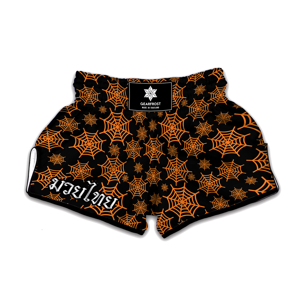 Black And Orange Spider Web Print Muay Thai Boxing Shorts