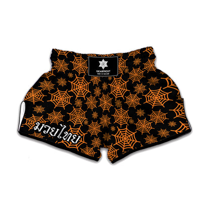 Black And Orange Spider Web Print Muay Thai Boxing Shorts