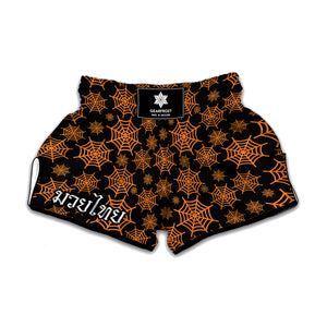 Black And Orange Spider Web Print Muay Thai Boxing Shorts