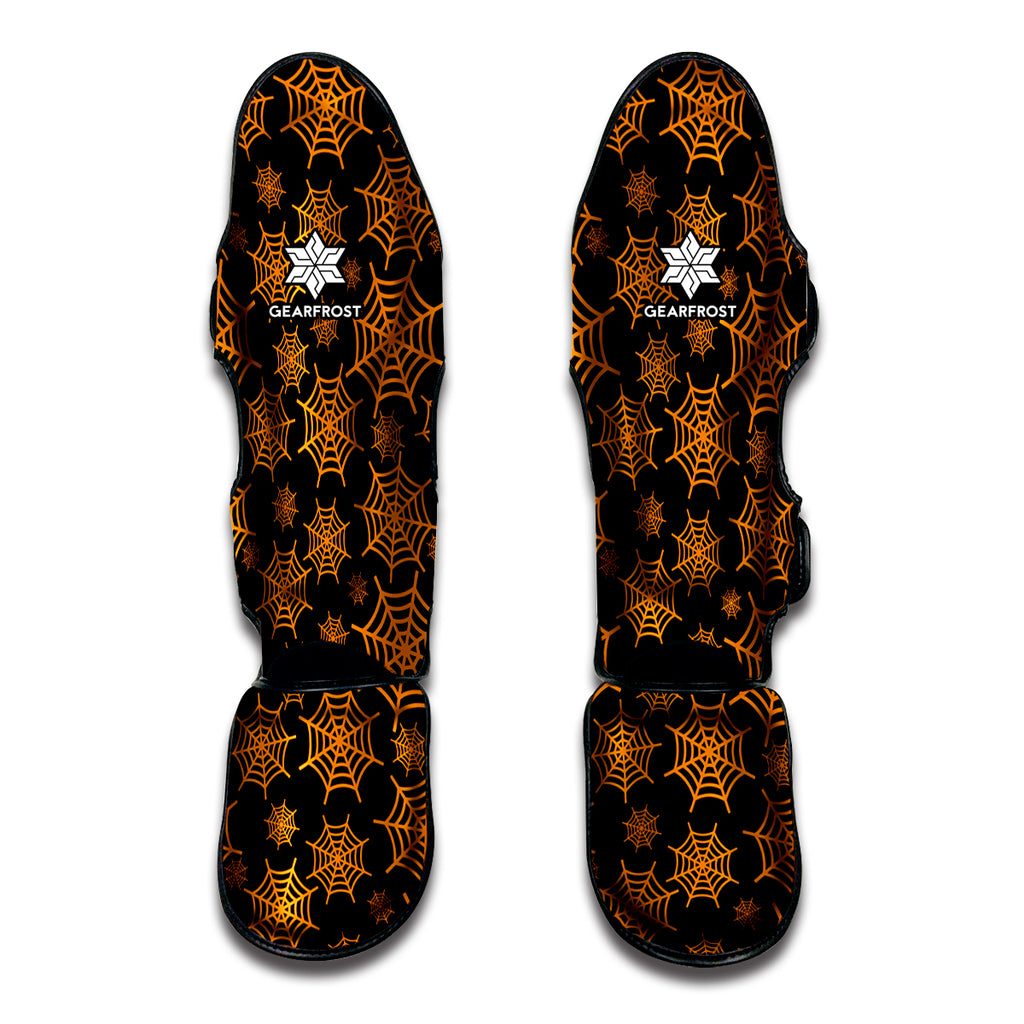 Black And Orange Spider Web Print Muay Thai Shin Guard