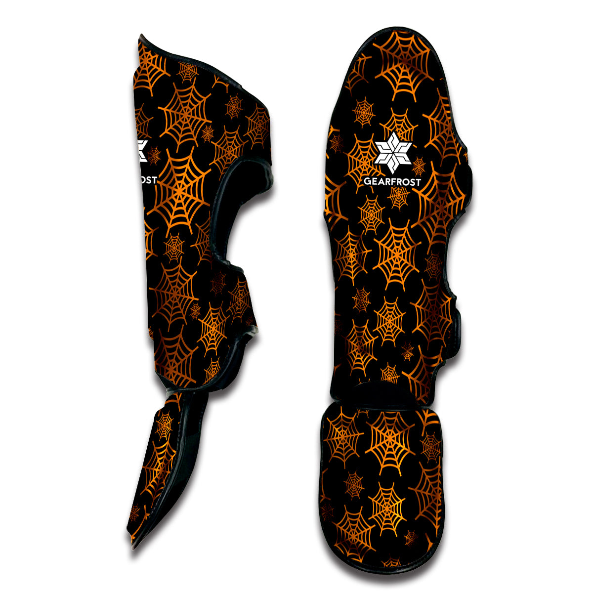 Black And Orange Spider Web Print Muay Thai Shin Guard