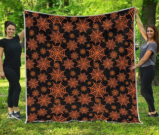 Black And Orange Spider Web Print Quilt