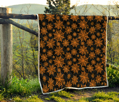 Black And Orange Spider Web Print Quilt
