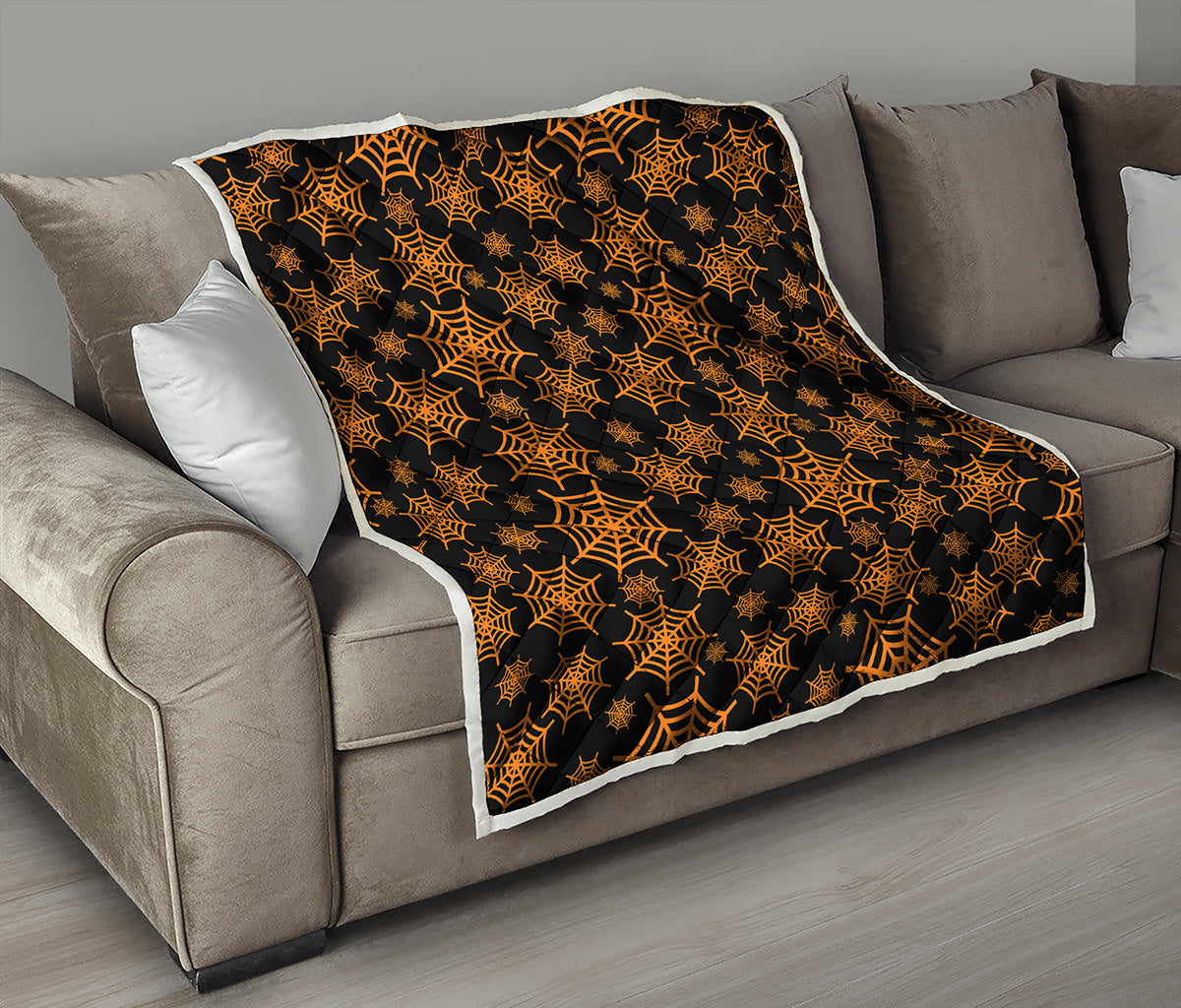 Black And Orange Spider Web Print Quilt