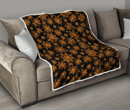 Black And Orange Spider Web Print Quilt