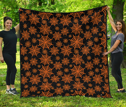 Black And Orange Spider Web Print Quilt