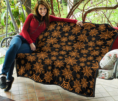 Black And Orange Spider Web Print Quilt