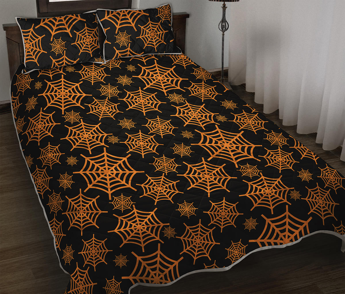 Black And Orange Spider Web Print Quilt Bed Set