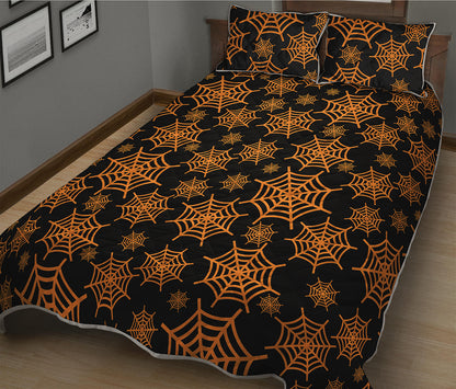 Black And Orange Spider Web Print Quilt Bed Set