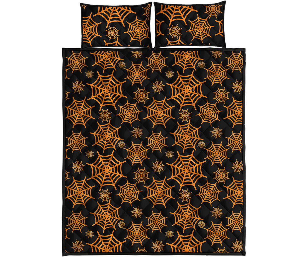 Black And Orange Spider Web Print Quilt Bed Set