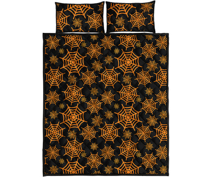 Black And Orange Spider Web Print Quilt Bed Set