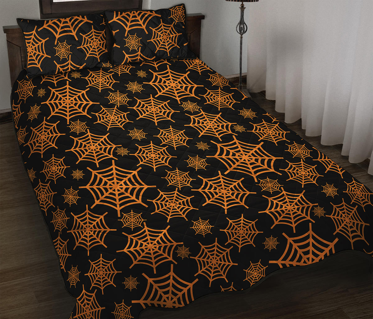 Black And Orange Spider Web Print Quilt Bed Set