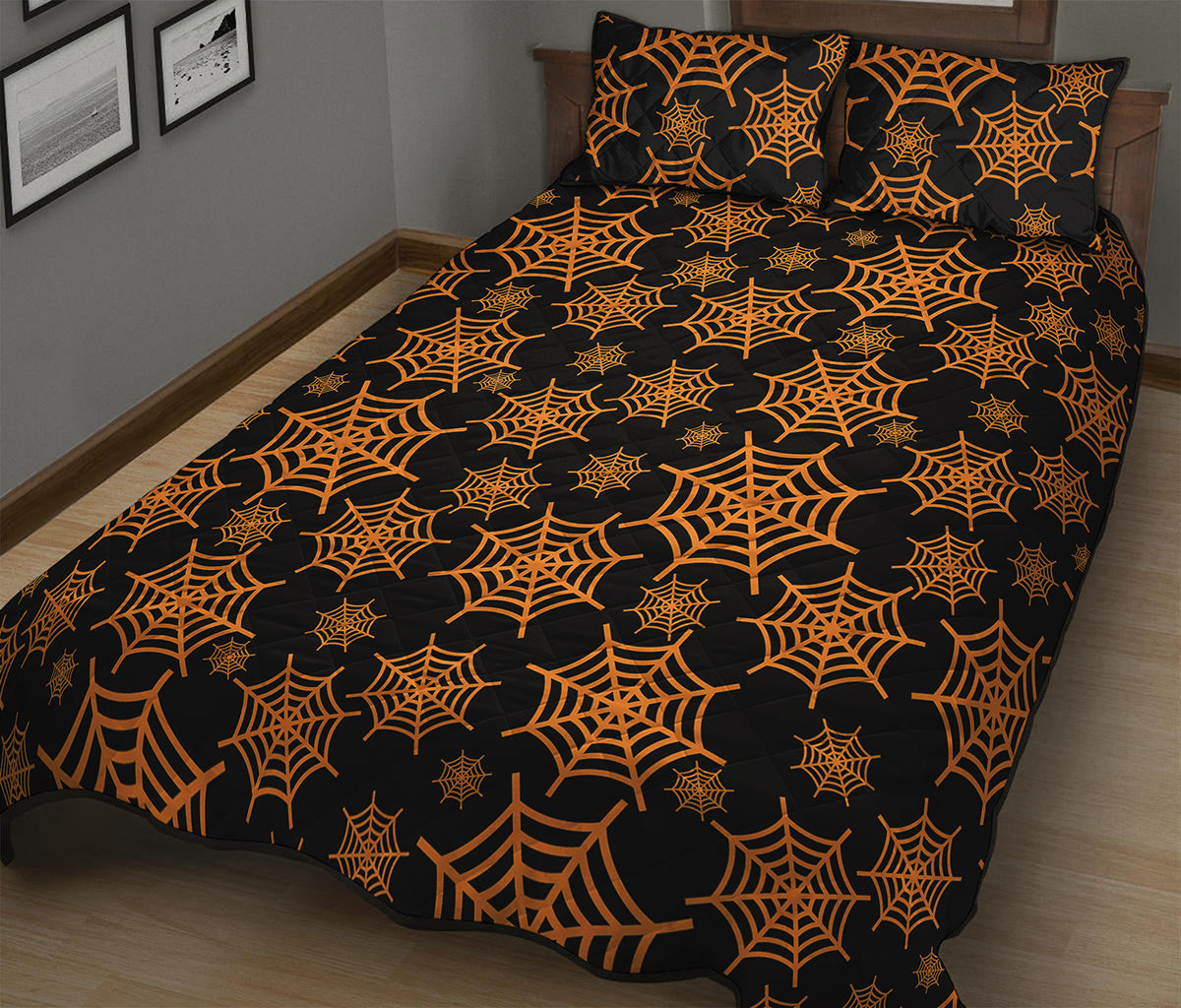 Black And Orange Spider Web Print Quilt Bed Set