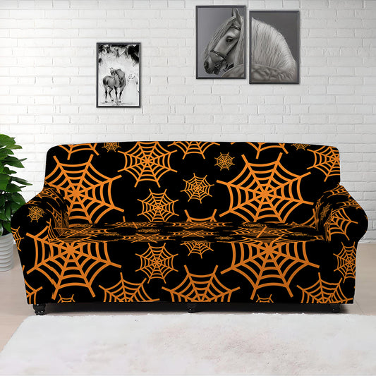 Black And Orange Spider Web Print Sofa Cover