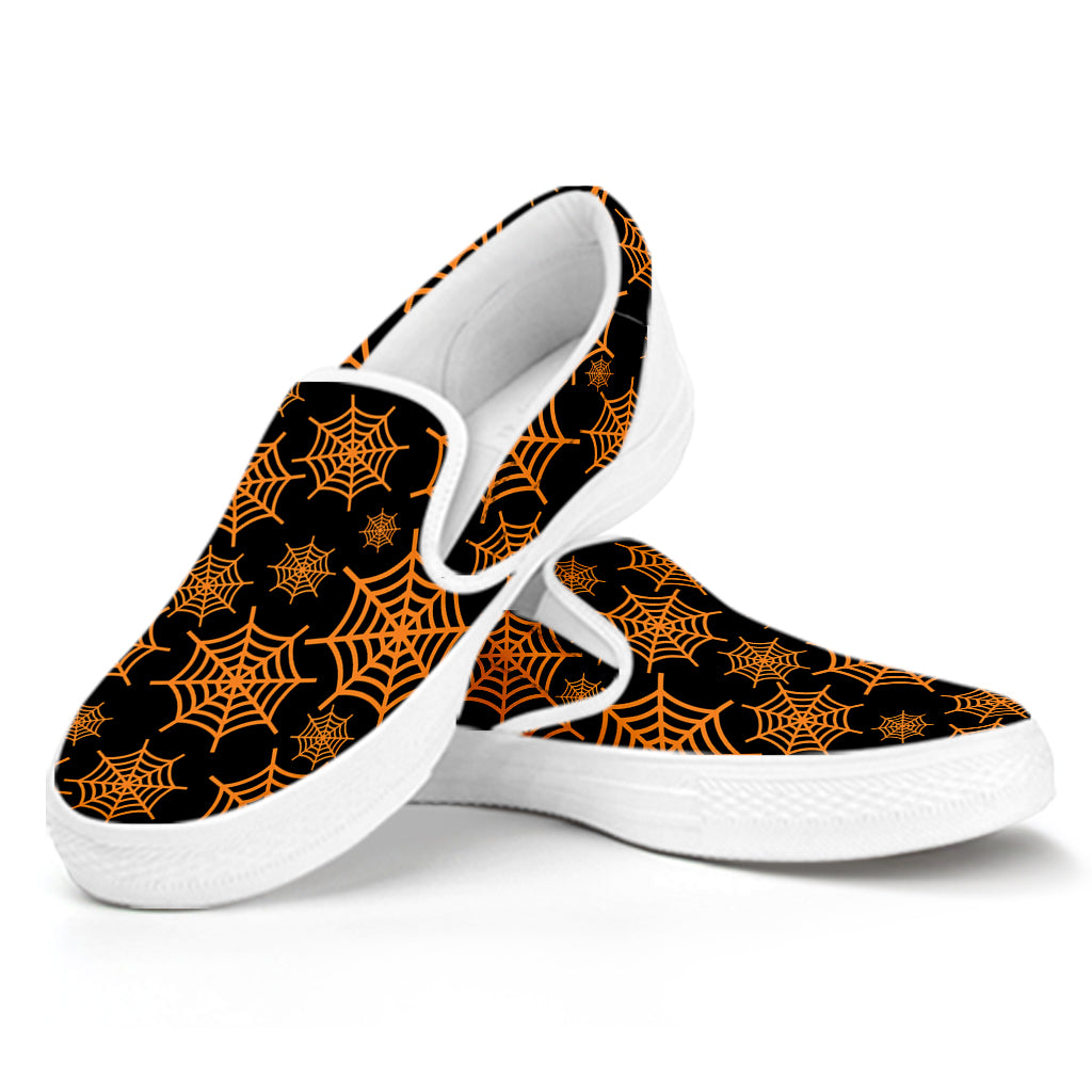 Black And Orange Spider Web Print White Slip On Shoes