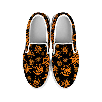 Black And Orange Spider Web Print White Slip On Shoes