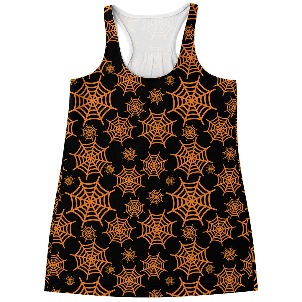 Black And Orange Spider Web Print Women's Racerback Tank Top