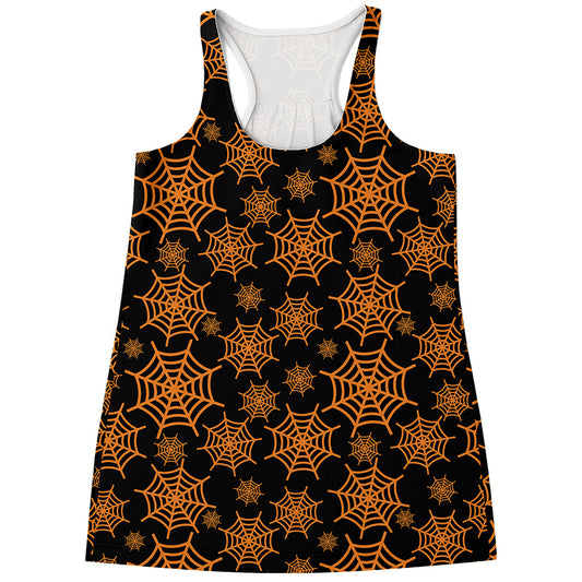Black And Orange Spider Web Print Women's Racerback Tank Top