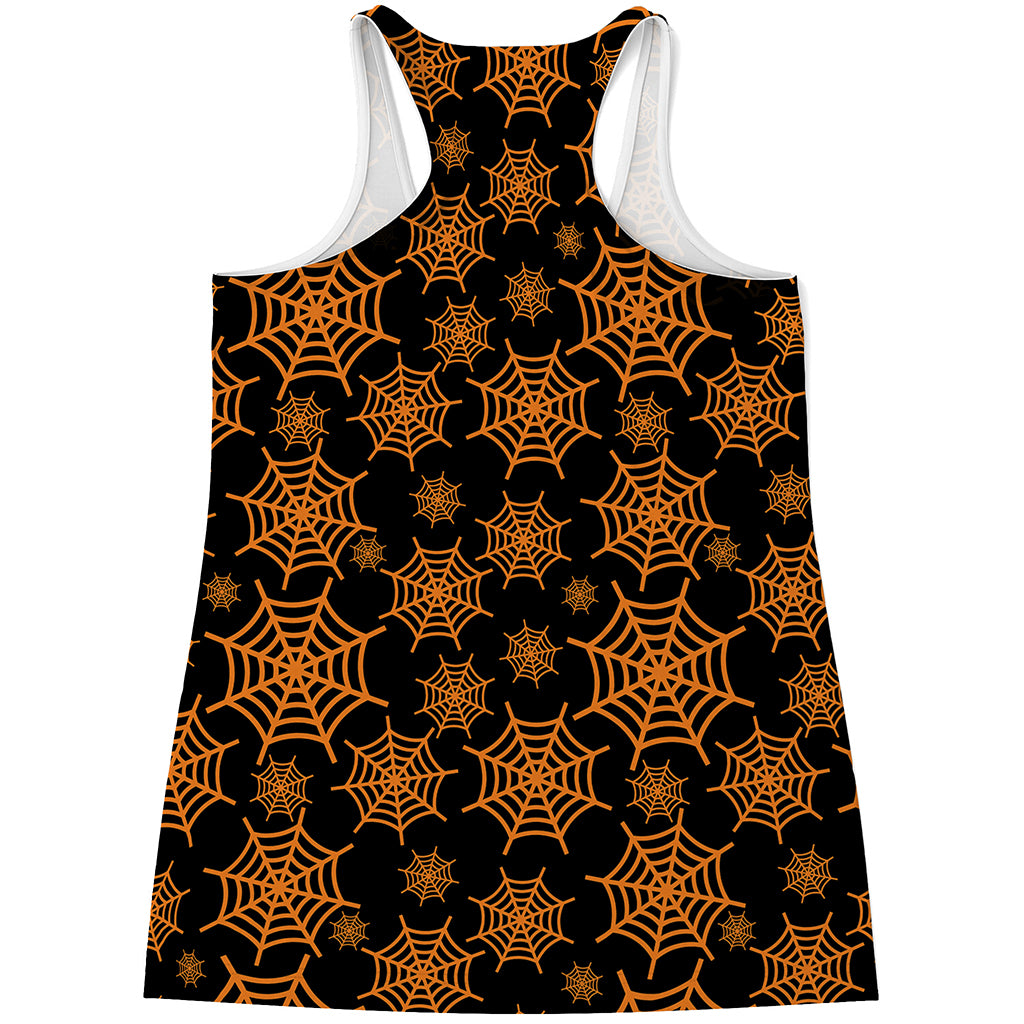 Black And Orange Spider Web Print Women's Racerback Tank Top