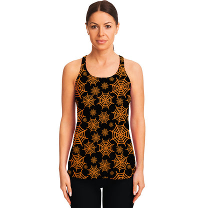 Black And Orange Spider Web Print Women's Racerback Tank Top