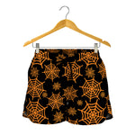 Black And Orange Spider Web Print Women's Shorts
