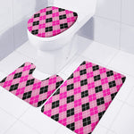 Black And Pink Argyle Pattern Print 3 Piece Bath Mat Set